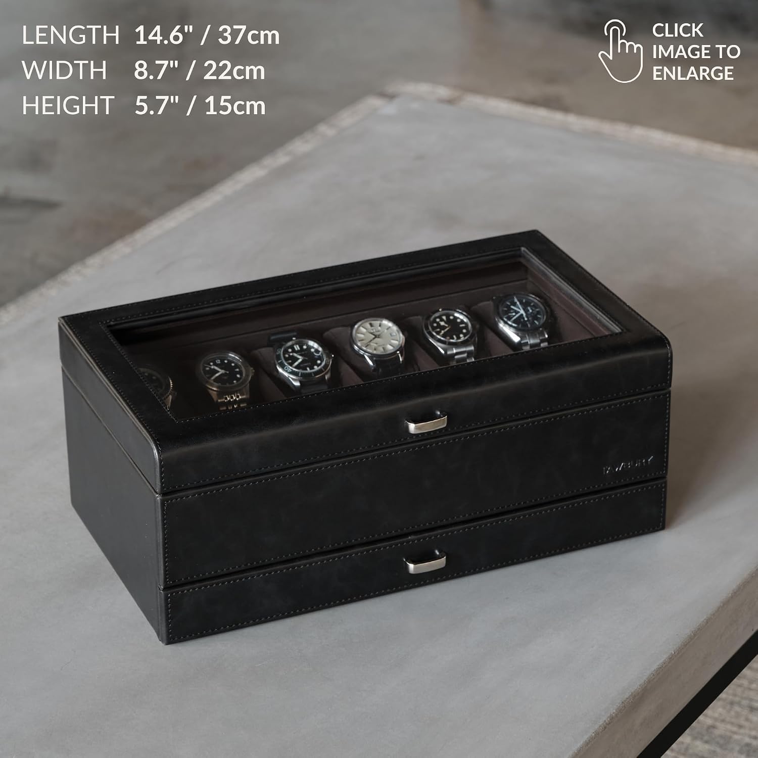 TAWBURY 12 Slot Watch Box with Storage Drawer - Premium Black PU Leather Watch Box for Men | Easy One-hand Opening, Plush Velveteen Interior (Black/Charcoal)