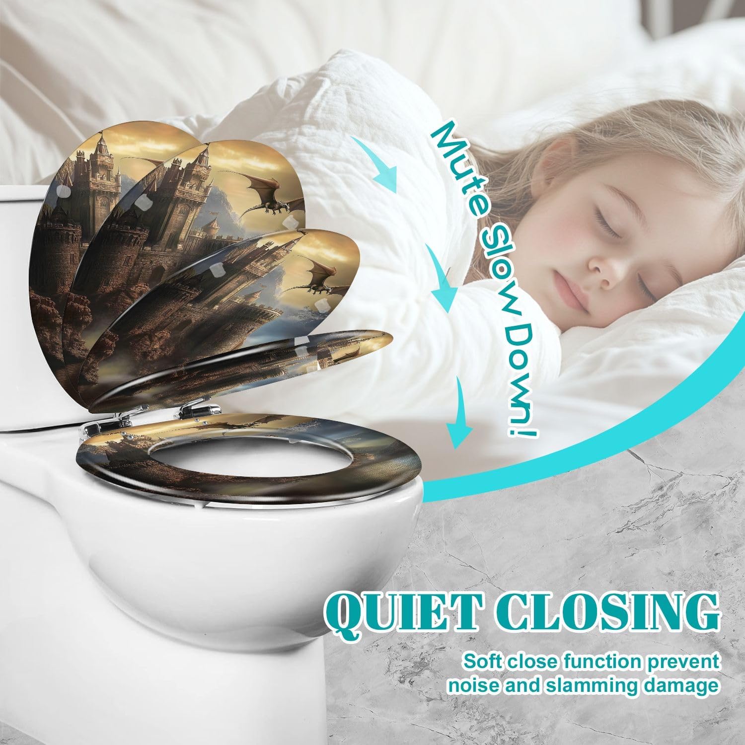 Round Toilet Seat Fantasy castle dragon Resin Toilet Seat Slow Quiet Close Lid with Quick-Release Hinges Cover Bumpers Easy to Clean Install