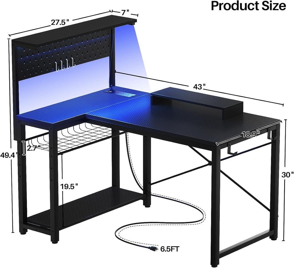 Homieasy Small Gaming Desk with Power Outlets Pegboard LED Light, 43 Inch L Shaped Computer Desk with Monitor Stand Storage Shelves, Reversible Corner Desk with Headset Hooks, Carbon Fiber Black