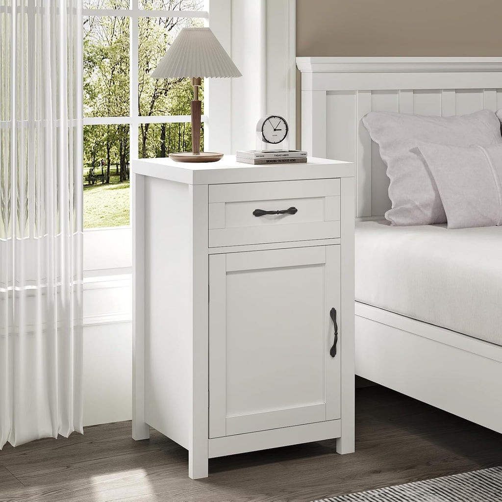 White Nightstand Set of 2 with Drawer, Farmhouse End Table with Storage Cabinet and Adjustable Shelf, 30' Tall Bedside Table Rustic Wood Sofa Side Table for Living Room, Bedroom