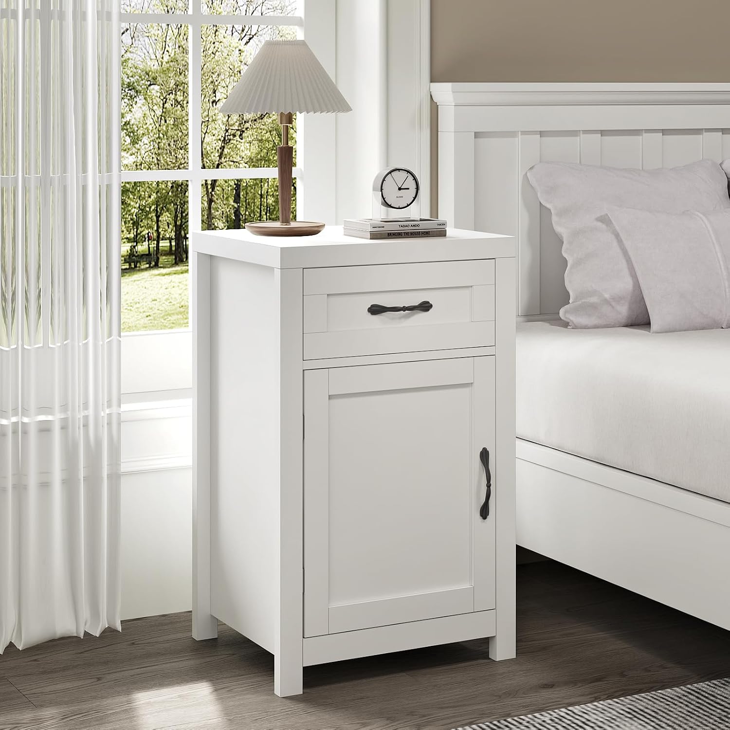 White Nightstand Set of 2 with Drawer, Farmhouse End Table with Storage Cabinet and Adjustable Shelf, 30' Tall Bedside Table Rustic Wood Sofa Side Table for Living Room, Bedroom