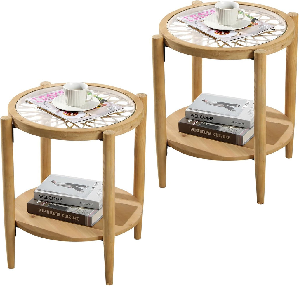 RUSTOWN Rattan Nightstands Set of 2,Boho Wood Round Side Tables, 2-Tier Natural End Table with Glass Top and Wood Legs, Sofa Side Table Bedside Table for Living Room Bedroom Couch(Natural)