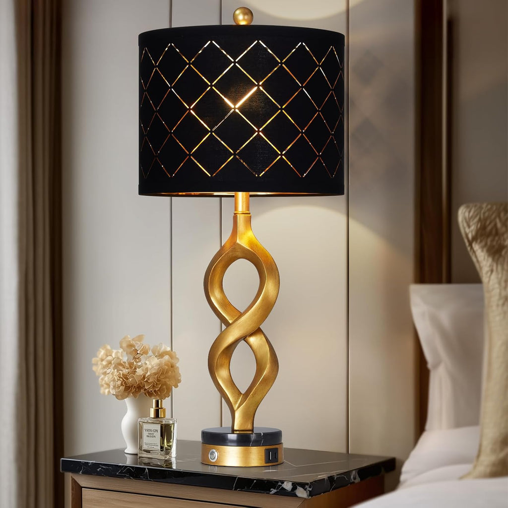 Cinyirong 30' Black and Gold Table Lamps Set of 2 for Bedroom, Modern Touch Control Bedside Lamps for Living Room, 3-Way Dimmable Sculptural Resin Nightstand Lamps with USB A+C Ports and 2 LED Bulbs