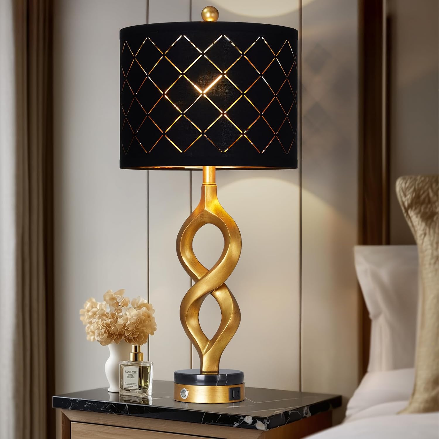 Cinyirong 30' Black and Gold Table Lamps Set of 2 for Bedroom, Modern Touch Control Bedside Lamps for Living Room, 3-Way Dimmable Sculptural Resin Nightstand Lamps with USB A+C Ports and 2 LED Bulbs