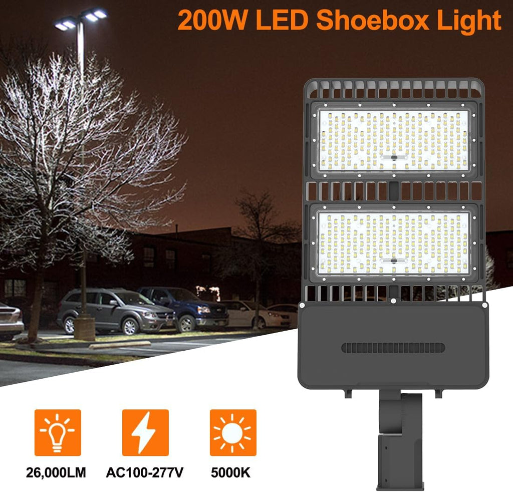 LED Parking Lot Light for Round Pole in Street 26000lm AC100-277V Shoebox Lighting for Path Garden and Outdoor Places IP65 Waterproof (200W)
