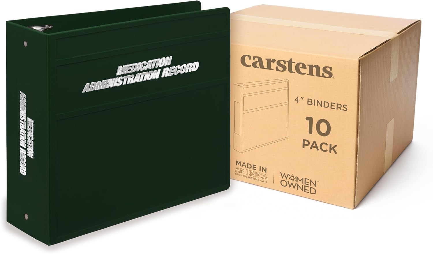 Carstens 4-Inch Heavy Duty Round Ring Binder for Medication Administration Records – Side Opening Forest Green, Case of 10, Durable Plastic No Pockets, Holds 600 Letter Sheets, Made in USA (1881-3RCS)