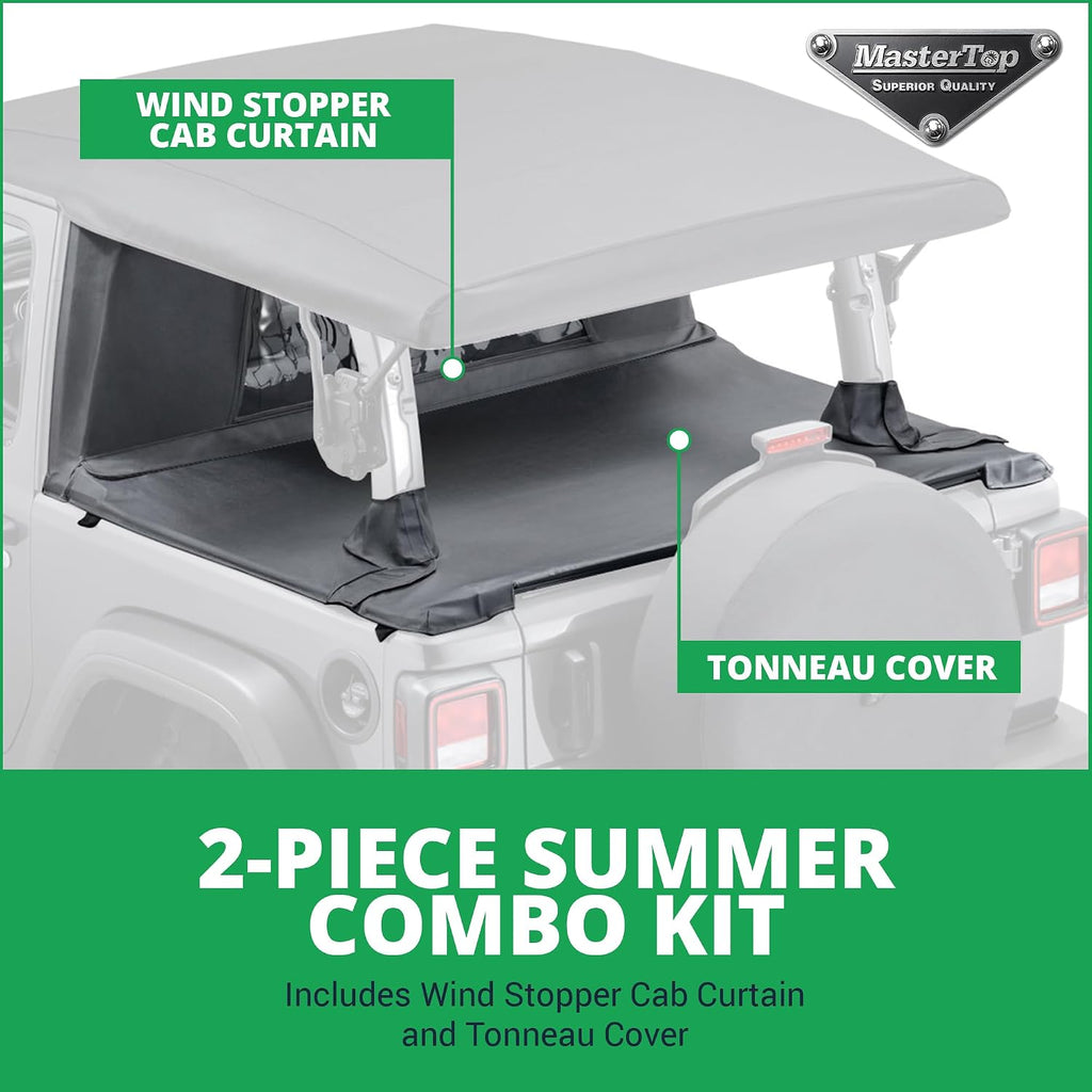 MasterTop Wind Stopper Plus and Tonneau Cover Combo Kit, Black Diamond - Fits Jeep Wrangler JL 2-Door 2018-2021 - Keeps Wind & Water Out of The Cab - Wind Breaker Blocks Backdrafts