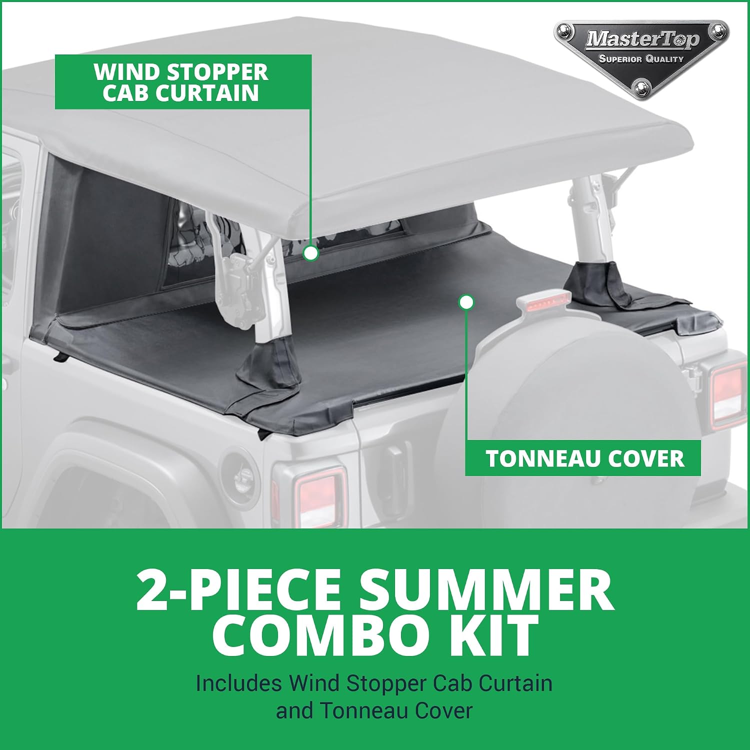 MasterTop Wind Stopper Plus and Tonneau Cover Combo Kit, Black Diamond - Fits Jeep Wrangler JL 2-Door 2018-2021 - Keeps Wind & Water Out of The Cab - Wind Breaker Blocks Backdrafts
