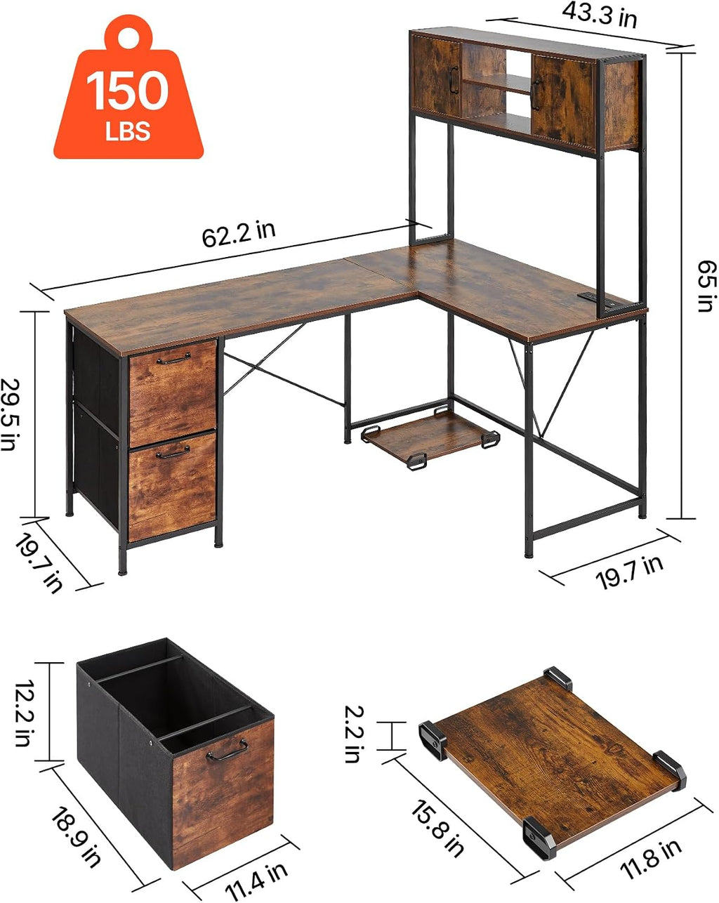 VEVOR L-Shaped Gaming Desk with LED Lights, 62.2-inch Reversible Corner Computer Desk with Power Outlets, Movable CPU Stand & Storage Drawers, Modern Stylish PC Gaming Table for Home Office