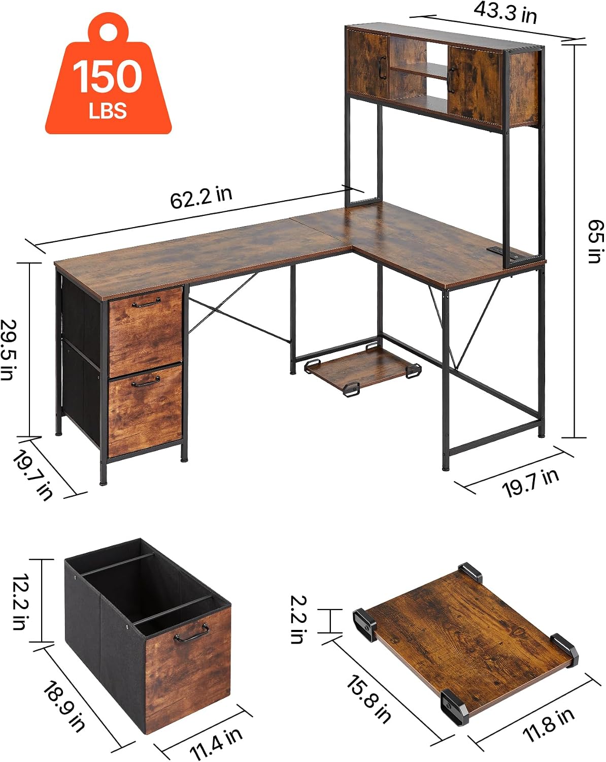 VEVOR L-Shaped Gaming Desk with LED Lights, 62.2-inch Reversible Corner Computer Desk with Power Outlets, Movable CPU Stand & Storage Drawers, Modern Stylish PC Gaming Table for Home Office