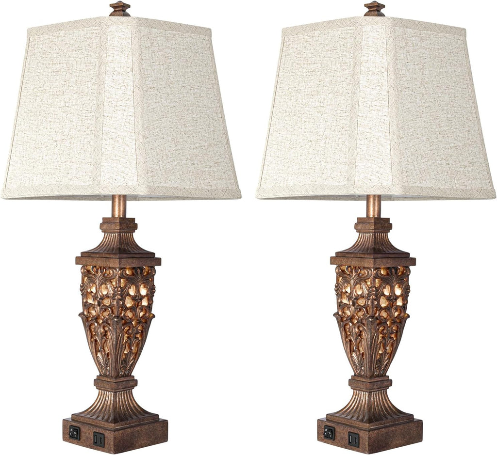 28.5' Vintage Bronze Table Lamps Set Of 2 with Night Light,Lamps for Nightstand with Beige Linen Cut Corner Shade,Bedside Lamp with USB A+C Ports for Bedrooms,Living Room,Office,Hotel(Bulb Included)