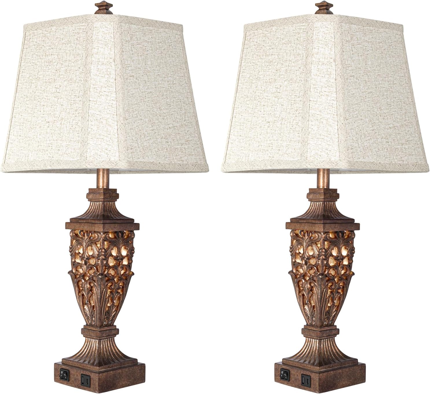 28.5' Vintage Bronze Table Lamps Set Of 2 with Night Light,Lamps for Nightstand with Beige Linen Cut Corner Shade,Bedside Lamp with USB A+C Ports for Bedrooms,Living Room,Office,Hotel(Bulb Included)