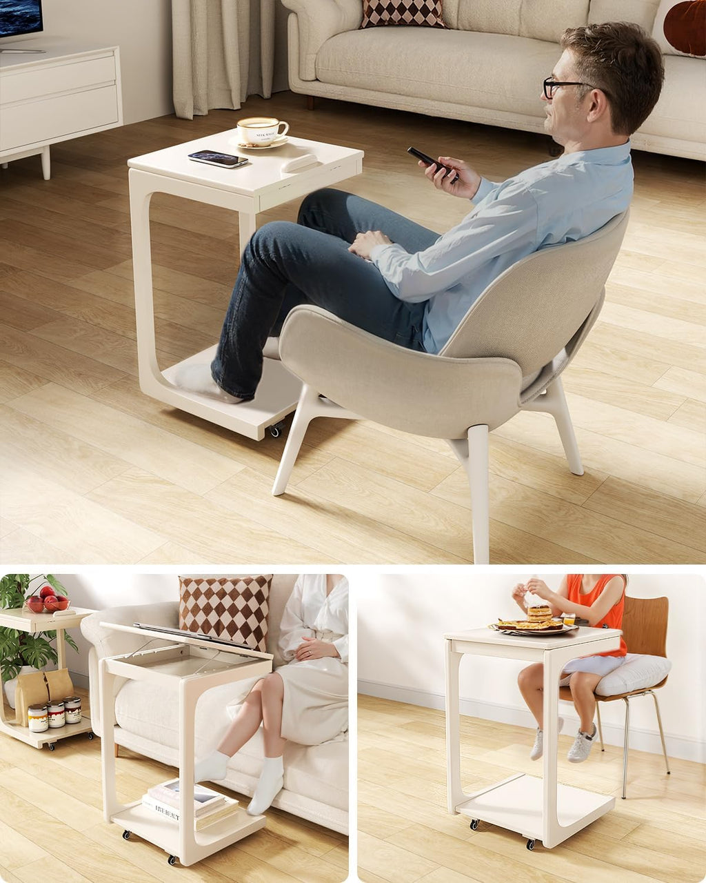 AQIMUELE Wooden C-Shaped End Table,Couch Table with Adjustable Desktop,Small Rolling Side Table with 2 Lockable Wheels,Small End Table for Couch, Living Room,Bedroom (White)