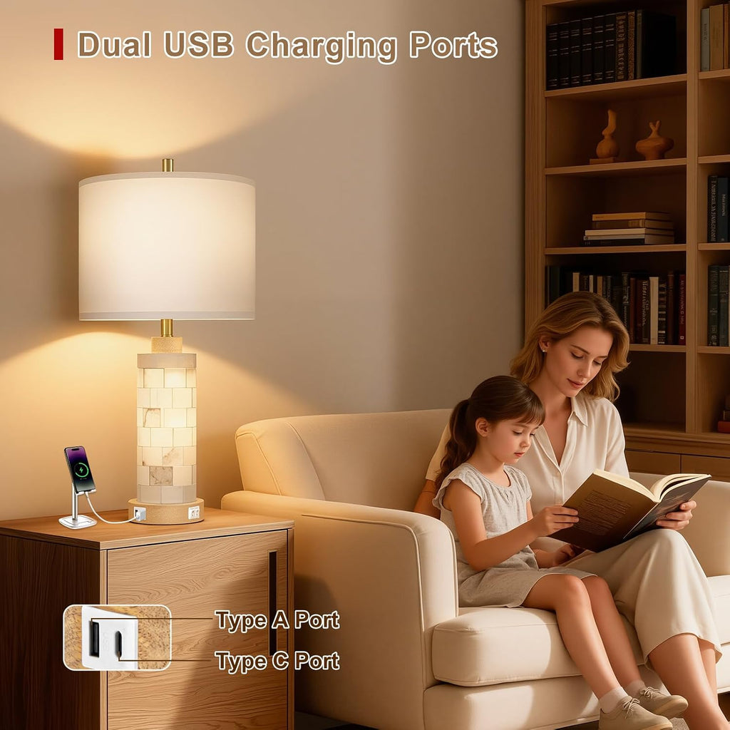 KIVDITZO 27' Alabaster and Wood Table Lamp Set of 2 with Night Light Nightstand Lamps with USB Ports White Linen Fabric Shade Bedside Lamp Decor for Living Room Bedroom Home Office Hotel Bar House