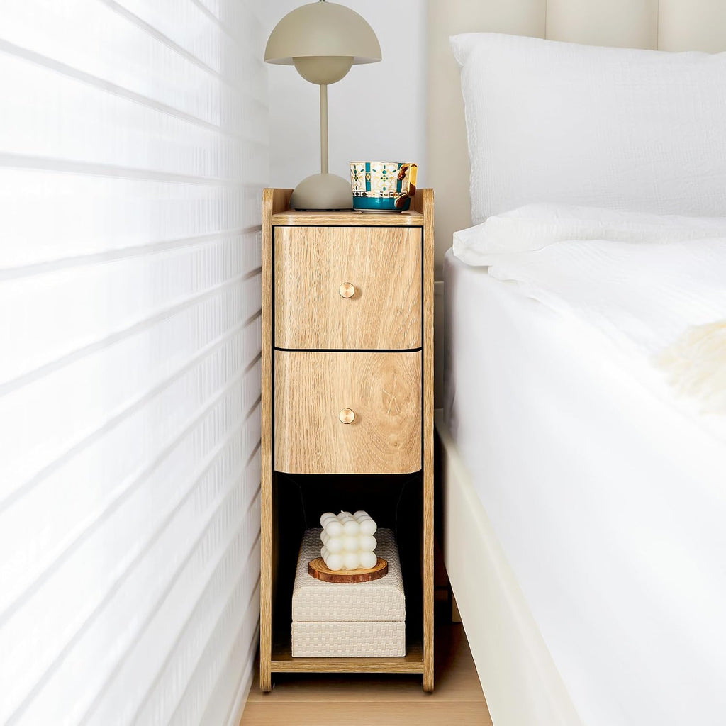 Small Nightstand Set of 2, Wood 2 Drawer Narrow Nightstand, Slim Side Table, Modern Skinny End Bedside Table, Natural Wood Night Stand with Drawers for Bedroom (Natural-2 pcs)