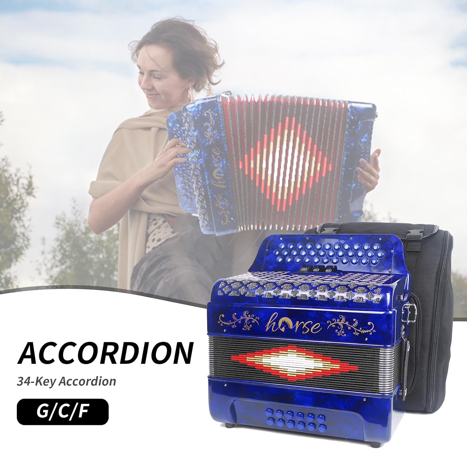 Horse 34 Key Accordion, GCF 12 Bass 3 Row, Made of Celluloid Louder & Clearer Timbre than Plastic,Accordions Instrument for Adults,W/Luxury Backpack,Straps,34 Buttons Acordeón Acordeones Para Adultos