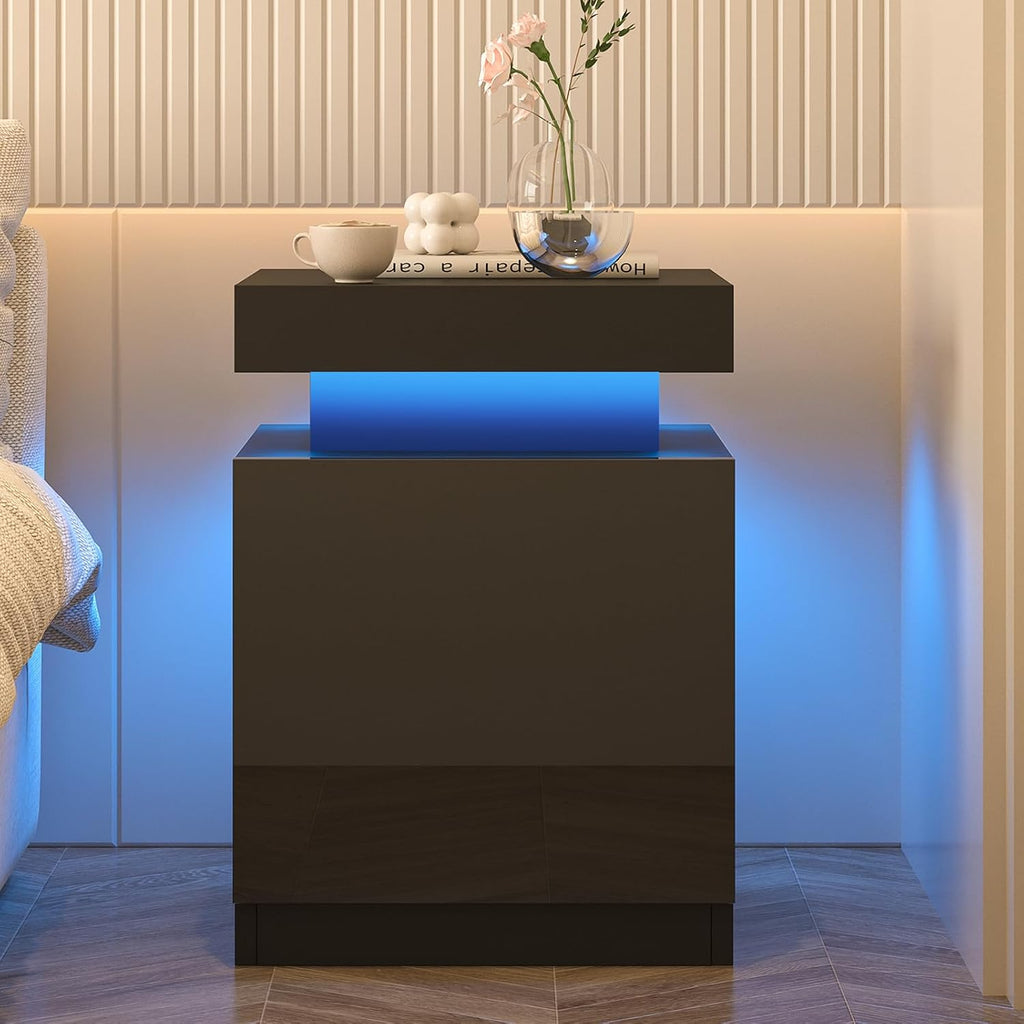 LED Nightstands Set of 2, 17 Inches Night Stand Set 2, Modern Bedside Table with LED Lights, High Gloss Surface, End Table with Storage for Bedroom, Black