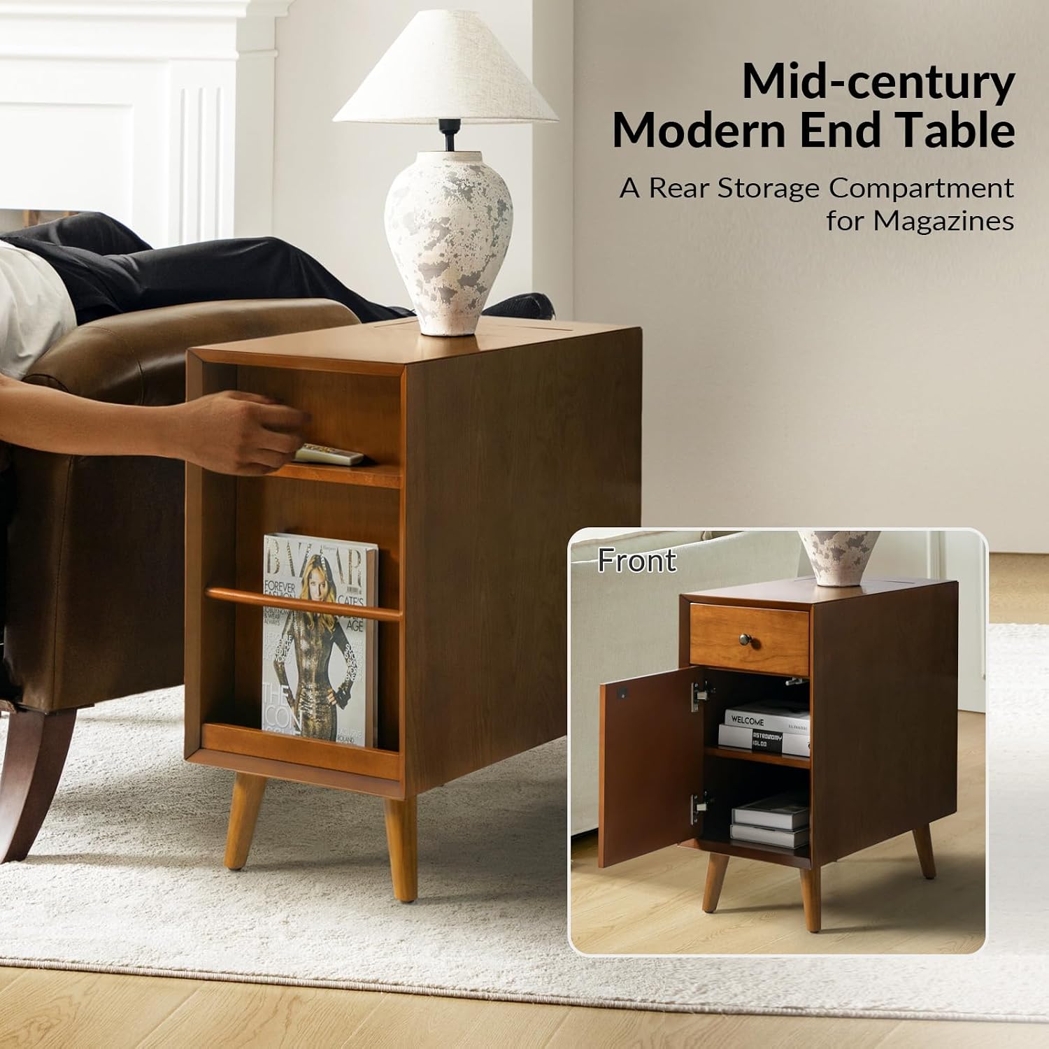 HULALA HOME Side Table with Drawers and Charging Station, Modern End Table with USB Ports and Outlets, Wooden Night Stand with Storage for Couch,Living Room&Bedroom(Acorn