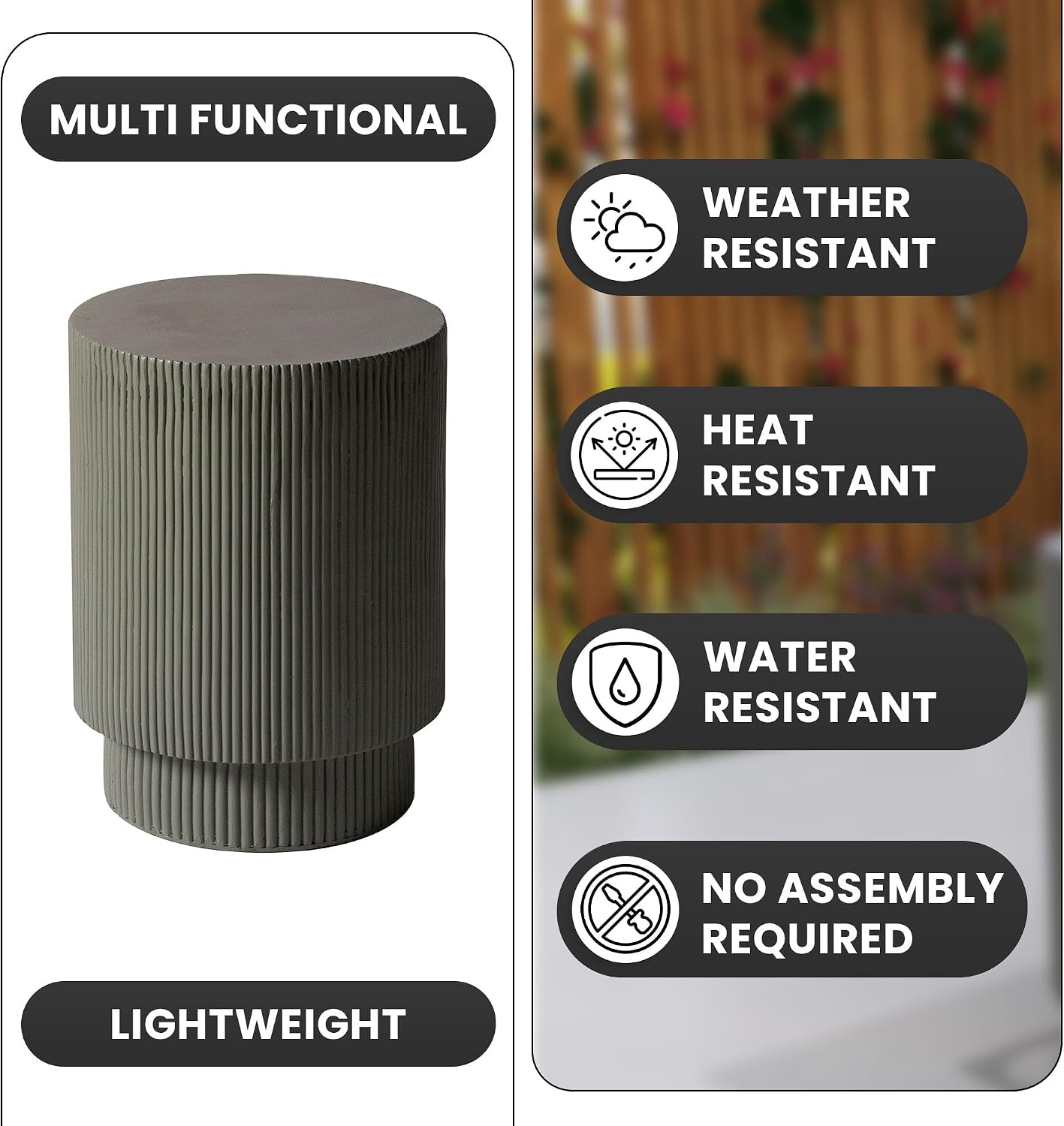 LeisureMod Modern Side Table Round Fiberstone Top Accent End Table for Home, Outdoor Patio, Living Room Sofa, Weather-Resistant, Eden Series in Grey