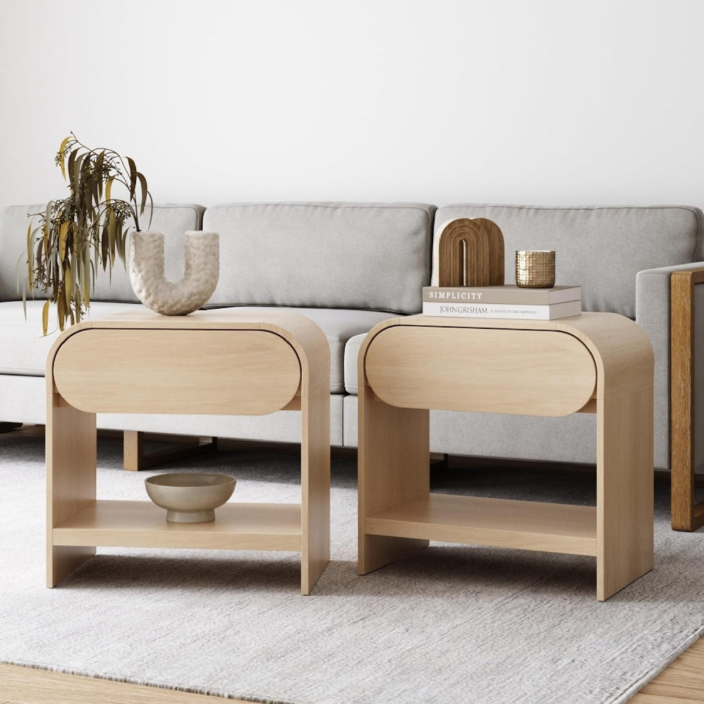 Nathan James Iris Mid-Century Modern Nightstand with Drawer, End Table with Storage for Bedroom or Living Room with Rounded Silhouette, Light Oak Set of 2