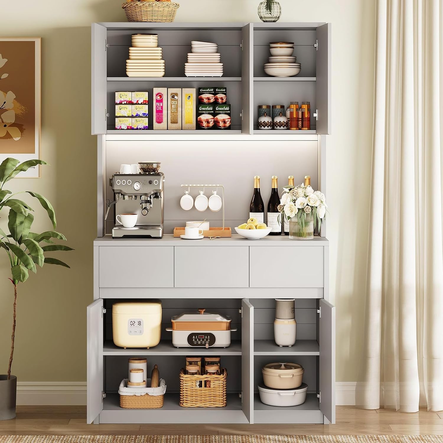 71' Kitchen Pantry Cabinet,Tall Storage Cabinet with Doors & Shelves Adjustable, Kitchen Storage Hutch with Microwave Shelf,Coffee Bar,Led Lights&Charging Station,Corner Pantry Cabinet for Living Room