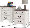 WAMPAT Farmhouse Nightstands Set of 2, 20.5 Inch End Table with Charging Station, Wooden Side Table with 3 Drawers, White End Table Side Table for Bedroom, Living Room, Sofa, Couch, Office