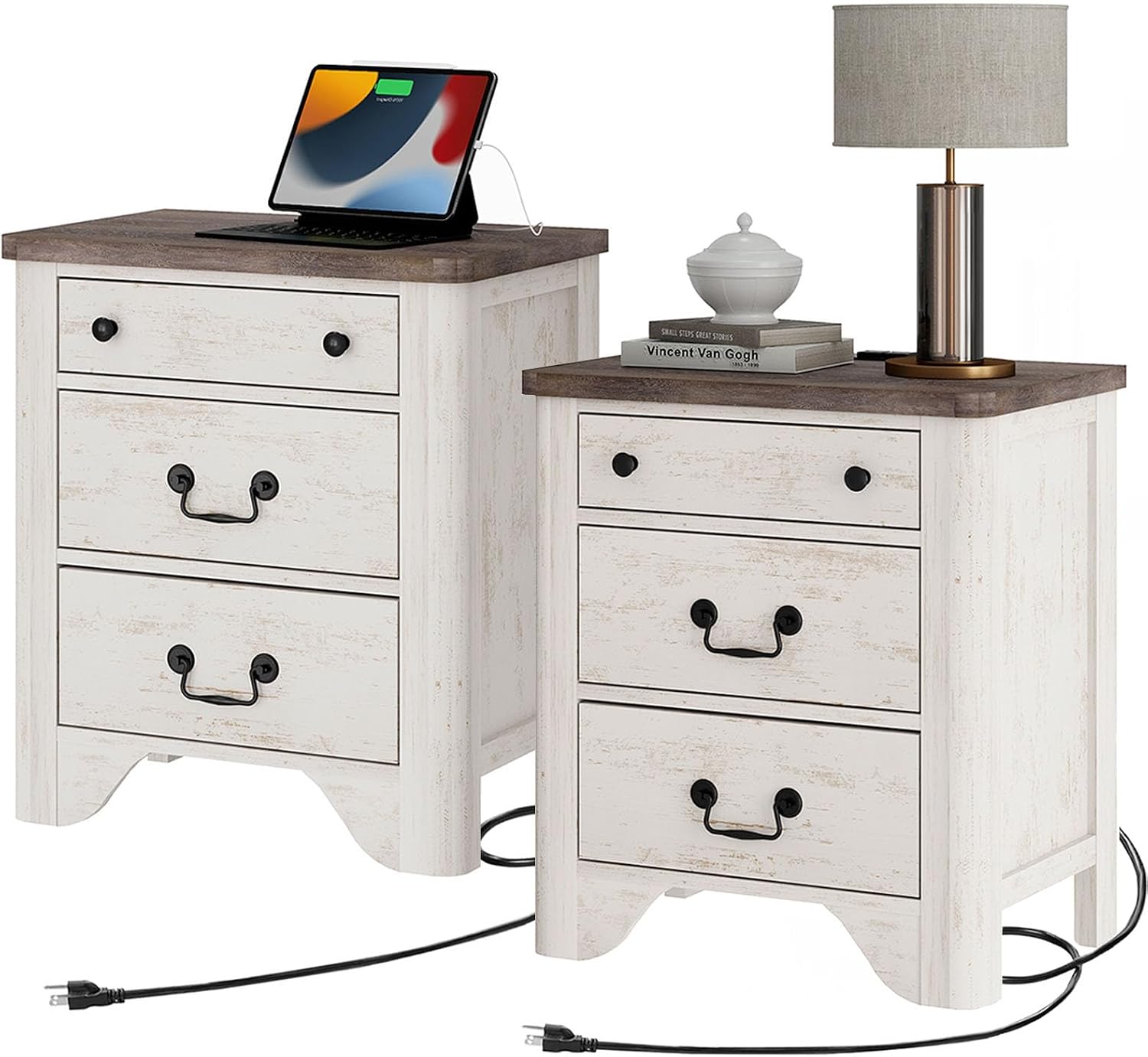 WAMPAT Farmhouse Nightstands Set of 2, 20.5 Inch End Table with Charging Station, Wooden Side Table with 3 Drawers, White End Table Side Table for Bedroom, Living Room, Sofa, Couch, Office