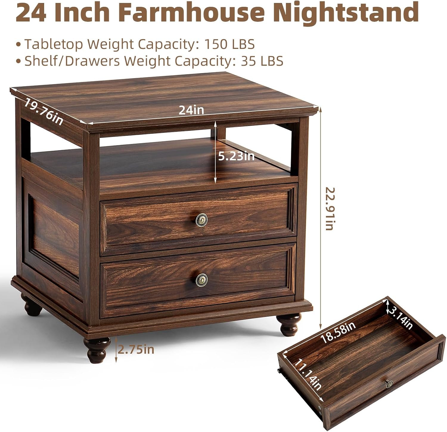Joaxswe 24' Wide Farmhouse Night Stand Set of 2,Large End Table with 2 Drawers & Metal Handle,Brown Wood Dresser for Bedroom, Bed Side Table Chest of Drawers Cabinet, Nightstand for Living Room,Closet
