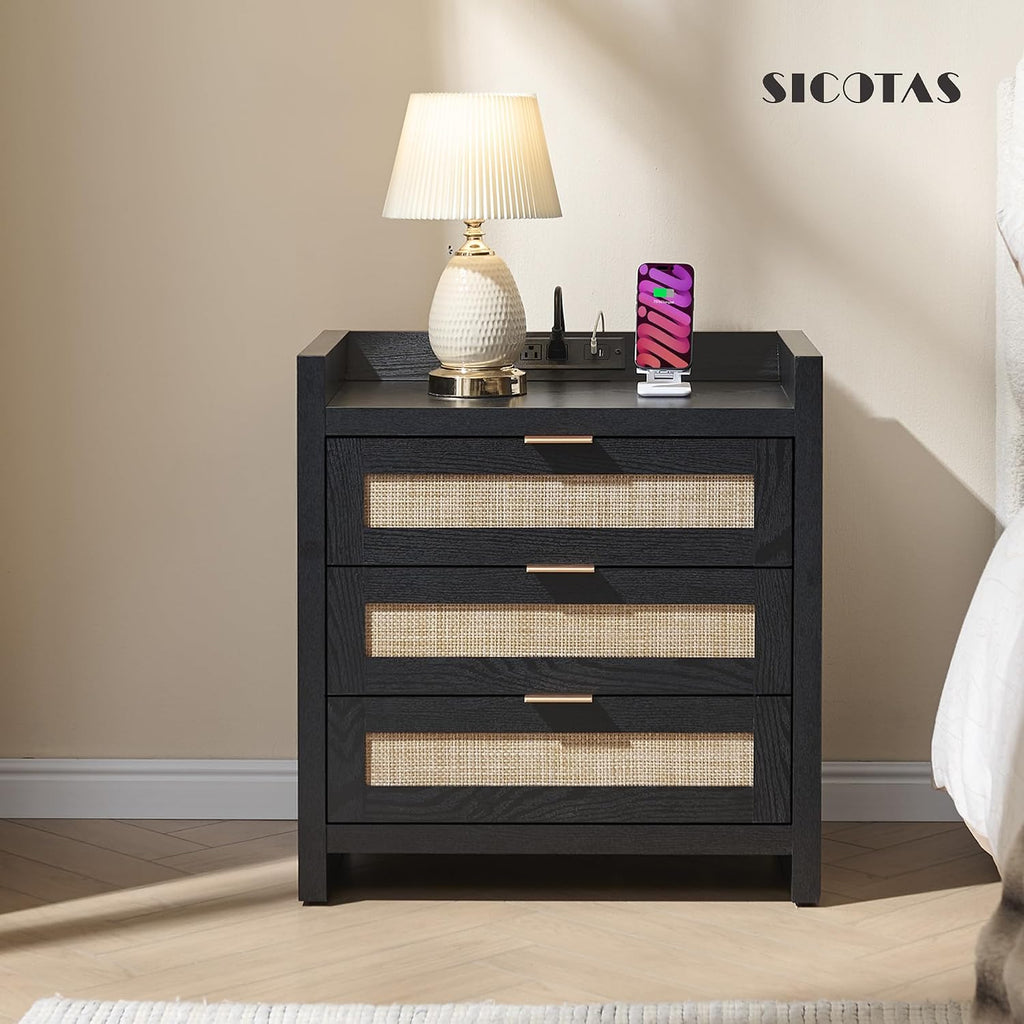 SICOTAS Rattan Nightstand Bedside Table - Larger Night Stand with Type-C Charging Station, 3 Drawers Storage - Boho Night Stands End Table for Bedroom - Black Oak