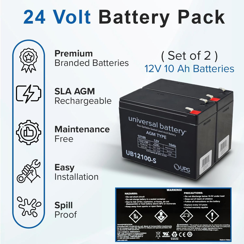 AlveyTech Premium 24 Volt Battery Pack for Currie Technology eZip, GT, IZIP, Mongoose, and Schwinn Scooters (10 Ah, with Harness) - Replacement Set of 2 Rechargeable AGM Batteries