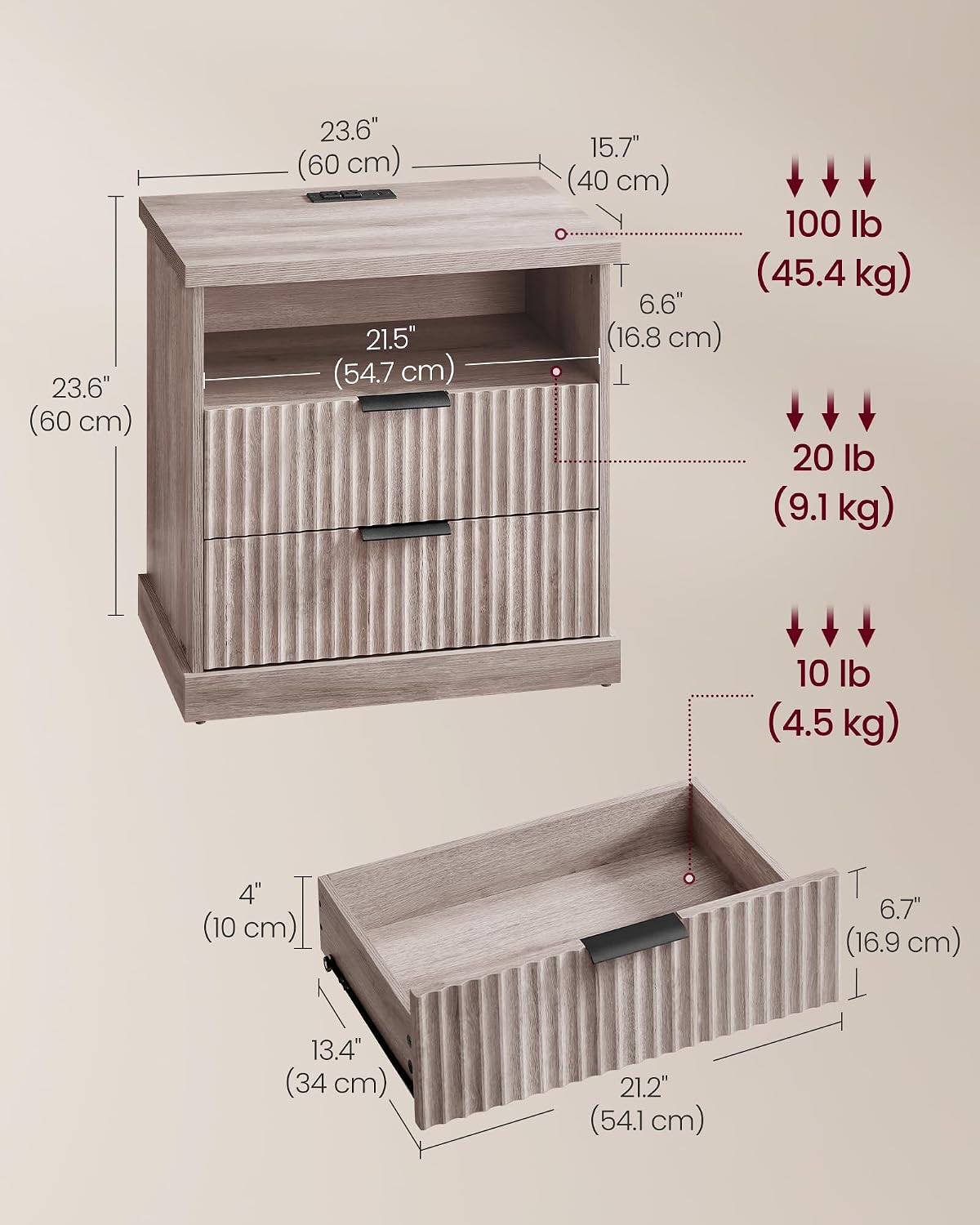VASAGLE MAXE Collection - Set of 2 Nightstands with Charging Station, Fluted Night Stand, Bedside Table, Mid Century Modern Side End Table, 2 Drawers, 2 AC Outlets, 2 USB Ports, Washed Gray ULET926G01