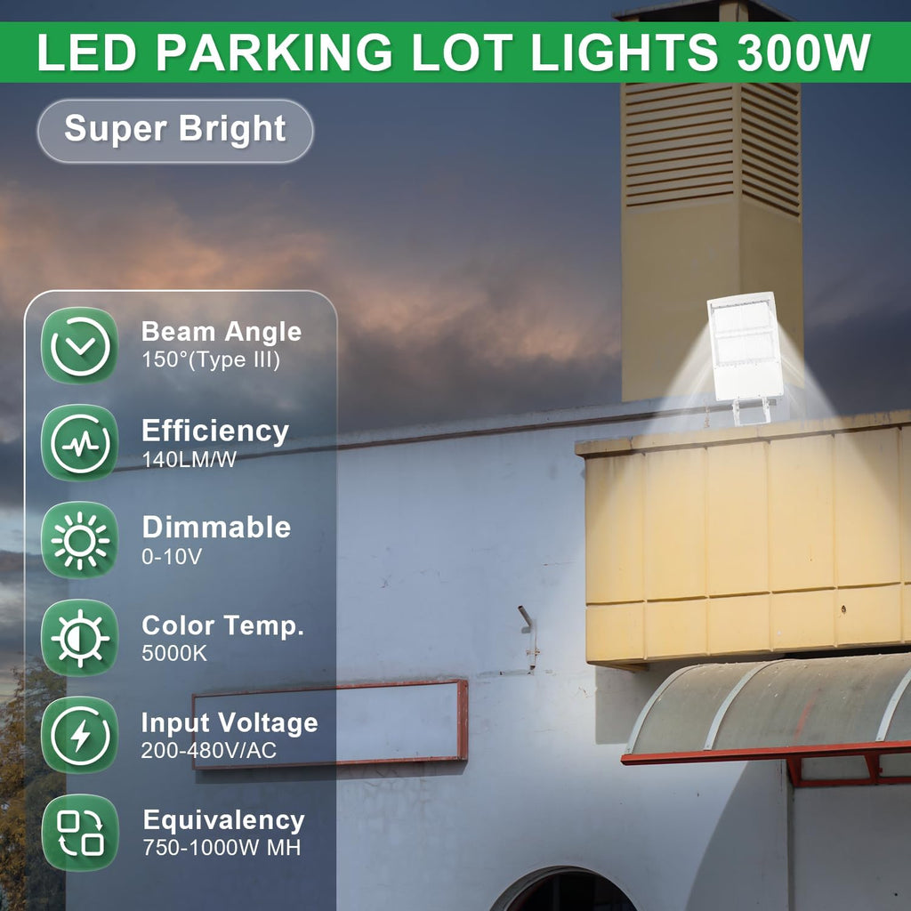 480V 300W LED Parking Lot Lights, 42000LM 5000K White LED Shoebox Street Light (1000W MH/HPS Equiv.), Dimmable Outdoor Commercial Area Road Lighting with Yoke Mount, IP65 UL Listed
