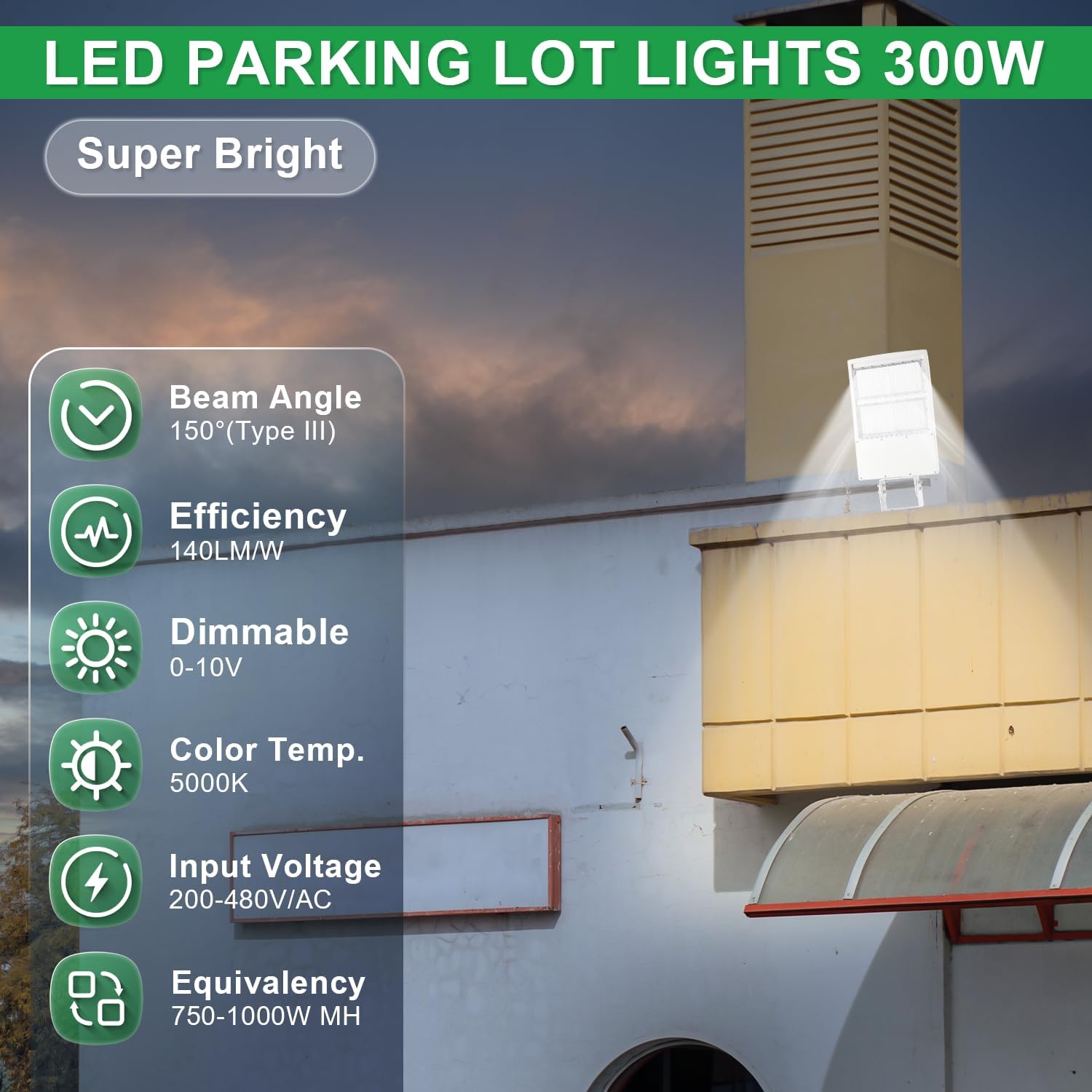 480V 300W LED Parking Lot Lights, 42000LM 5000K White LED Shoebox Street Light (1000W MH/HPS Equiv.), Dimmable Outdoor Commercial Area Road Lighting with Yoke Mount, IP65 UL Listed