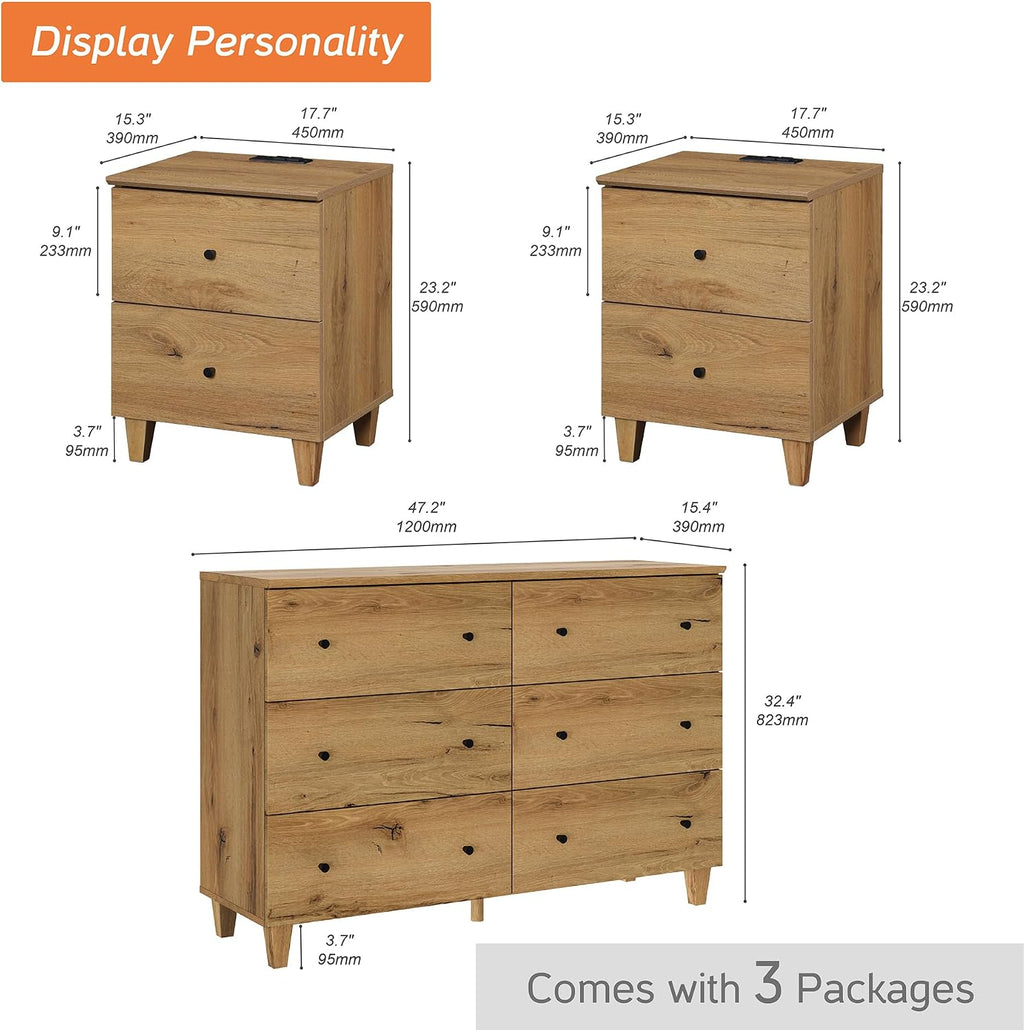 WAMPAT TV Stand with 6 Drawers for 55 Inches TVs & Set of 2 End Tables with 2 Drawers and Charging Station for Bedroom, 3 Pieces Modern Wood Living Room Funiture Table Sets, Oak Brown
