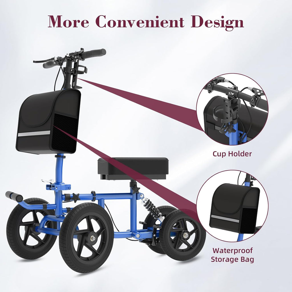 All Terrain Knee Scooter for Adults, Foldable Rolling Knee Scooter with DIY Stickers & Shock Absorber, Steerable Knee Walker for Broken Foot, Ankle Injuries & Surgery, Better Crutch Alternative