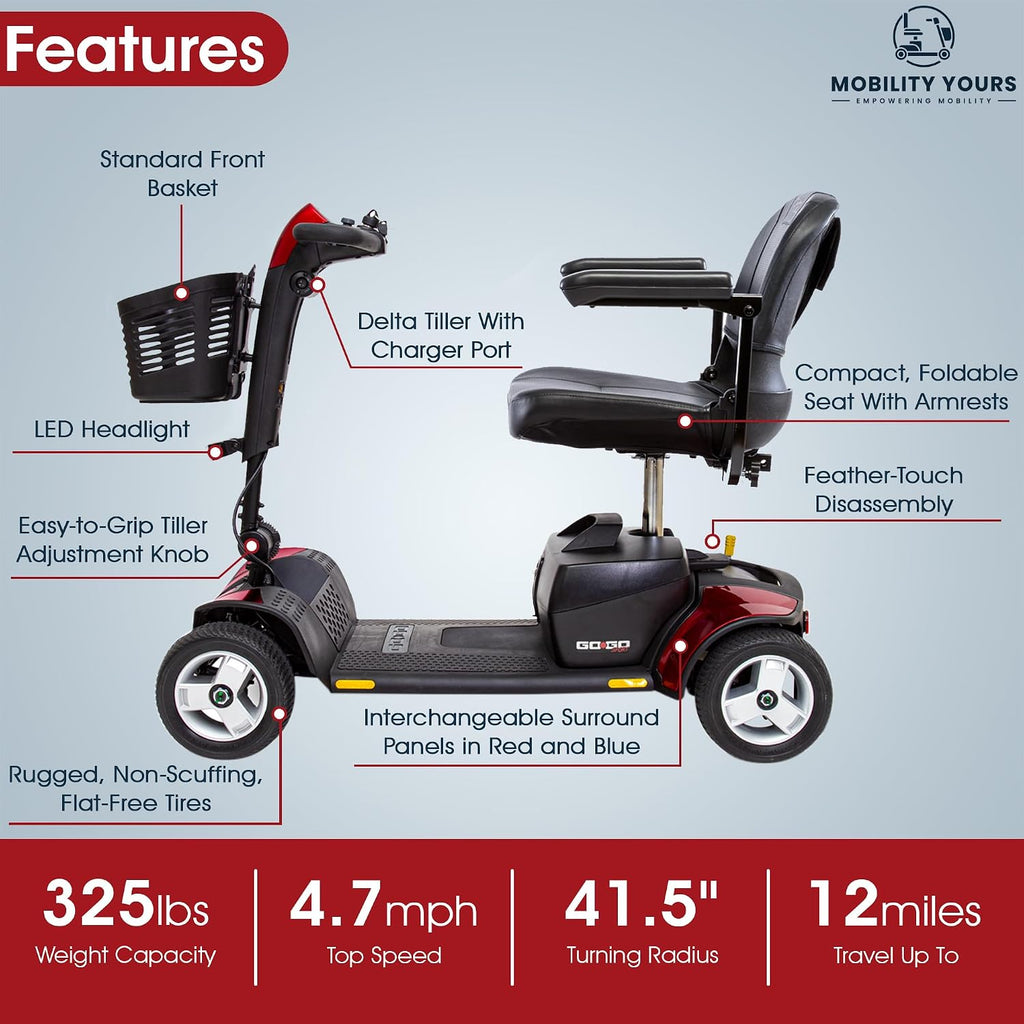 Pride Mobility Go Go Sport Plus Rear Basket, Cup Holder, Pride 4 Wheel Mobility Scooter for Adults and Seniors, Stable 325 lb Weight Capacity, 12 Mile Range, New EZ Turn, Extended Warranty