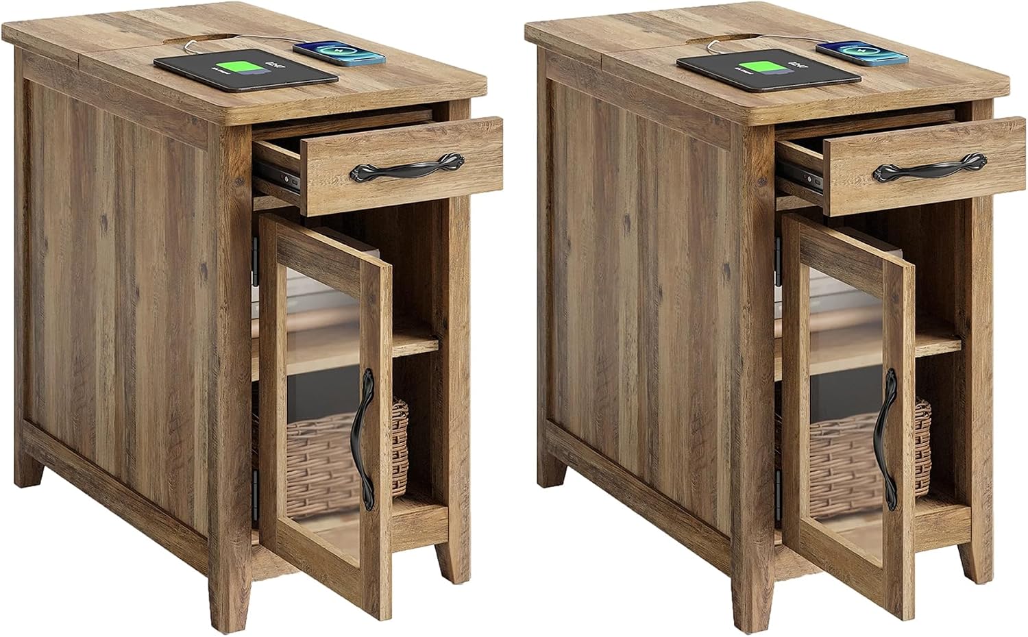 LINSY HOME End Table Set of 2 with Charging Station, Modern Farmhouse Sofa Couch Side Table, Wooden Bedside Table for Living Room, Nightstand with Storage Cabinet for Small Space, Brown, Glass Door