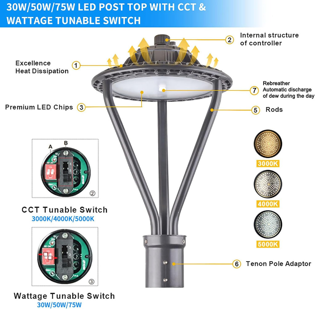 LED Post Top Pole Light,30W/50W/75W LED Post Top Light,DW 5000K,ETL DLC Listed,3000K 4000K 5000K 3CCT Tunable,IP65 Waterproof Fixtures for Garden Yard Pathway Street Lighting (Bronze)
