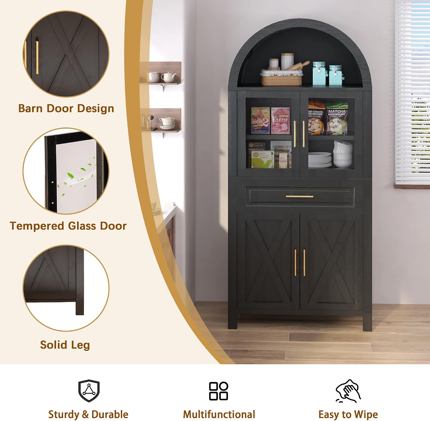 71' Farmhouse Arched Kitchen Pantry Cabinet with Glass Doors & Large Drawer, Wood Versatile Cupboard with Adjustable Shelves for Kitchen Dining Room Living Room Coffee Bar(Black)