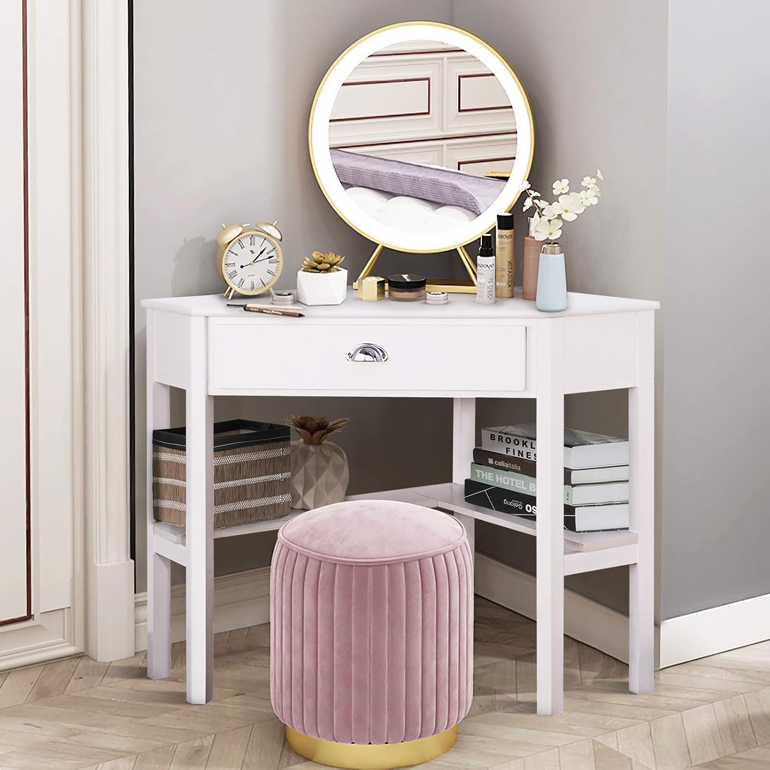 HOMGX Corner Desk With Storage Drawer and Shelves - Writing and Study Computer Workstation for Home Office, White
