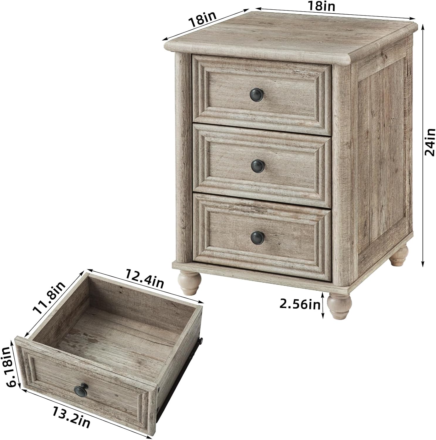RWYHG 18' Farmhouse Night Stand Set of 2, Gray Wood Nightstand with 3 Drawers, Bedside End Table with Storage and Roman Column, Bed Side Tables Cabinet for Bedroom, Living Room, and Closet