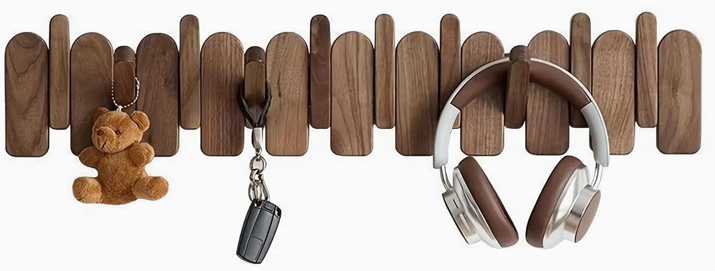 Wall Mounted Piano Key Hanger | Flip Style Hook | Entrance Wall Art Hook, Made of Oak Wood (3 Times Painted, 4 Times Polished) (Arc Walnut, 12Hooks)