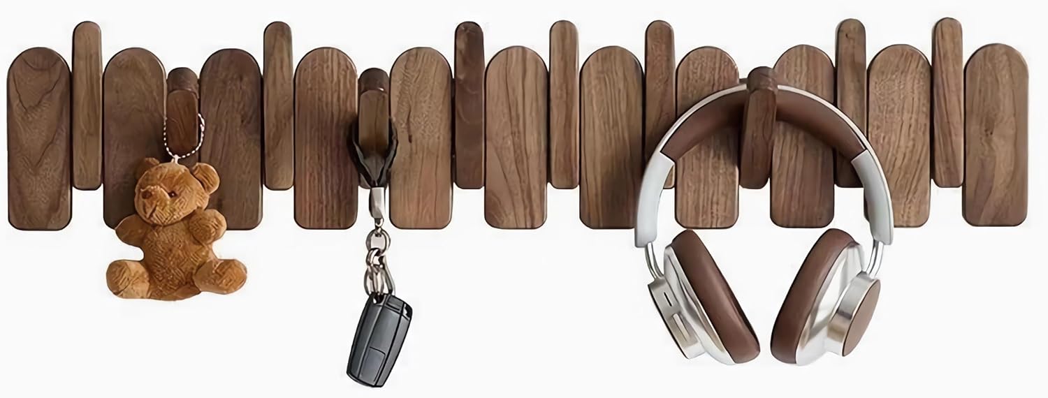Wall Mounted Piano Key Hanger | Flip Style Hook | Entrance Wall Art Hook, Made of Oak Wood (3 Times Painted, 4 Times Polished) (Arc Walnut, 12Hooks)