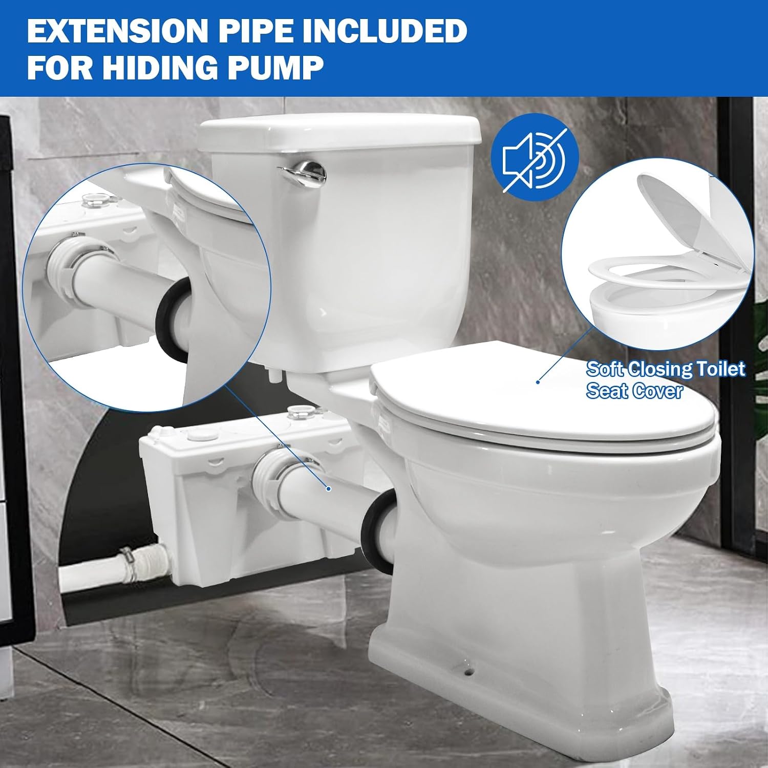500W Two-Piece Upflush Macerating Toilet for Basement with Elongated Bowl & Extension Pipe