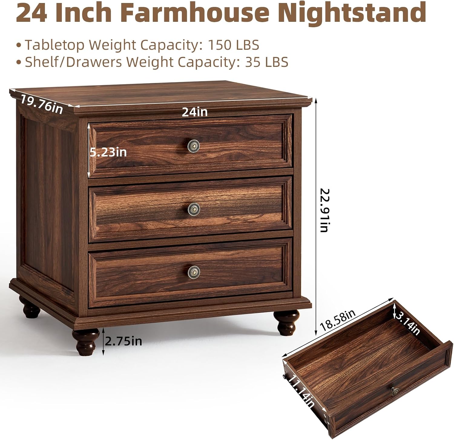 Joaxswe 24' Wide Farmhouse Night Stand,Large End Table with 3 Drawers & Metal Handle,Wood Dresser for Bedroom Cabinet, Bed Side Table Chest of Drawers,Brown Nightstand for Living Room,Close