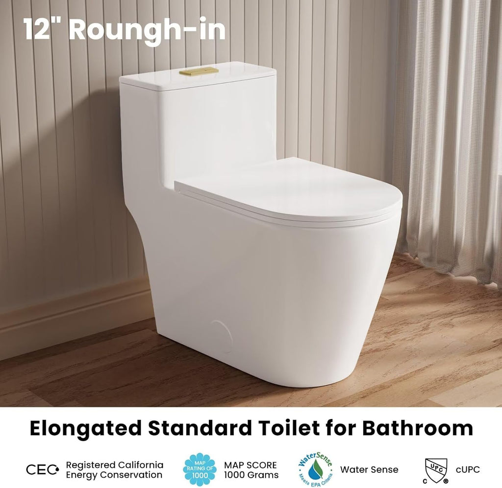 Casta Diva Elongated One Piece Toilet with 17' ADA Comfort Chair Height Seat Compact Toilet for Bathroom Dual Flush 1.1/1.6GPF, 12'' Rough-in, Dual Flush Toilet Button Golden