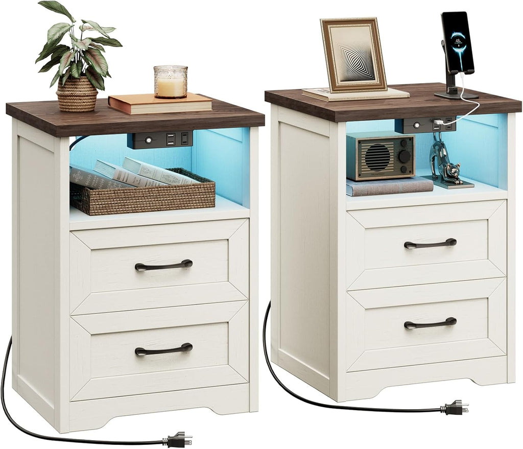 AODK Farmhouse Nightstand Set of 2, Bedside Tables with Charging Station & LED Lights, End Tables with Two Drawers and Open Storage, Rustic Bed Side Tables for Bedroom, Rustic White & Walnut