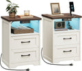AODK Farmhouse Nightstand Set of 2, Bedside Tables with Charging Station & LED Lights, End Tables with Two Drawers and Open Storage, Rustic Bed Side Tables for Bedroom, Rustic White & Walnut