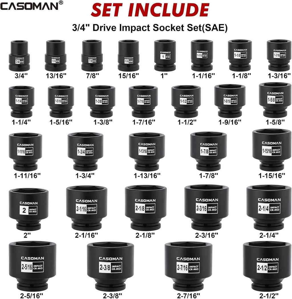 CASOMAN 29-Piece 3/4' Drive Shallow Spindle Axle Nut Impact Socket Set, 6-Point, Standard Large Socket Set, SAE (3/4' to 2-1/2'), CR-MO Steel, with Storage Case