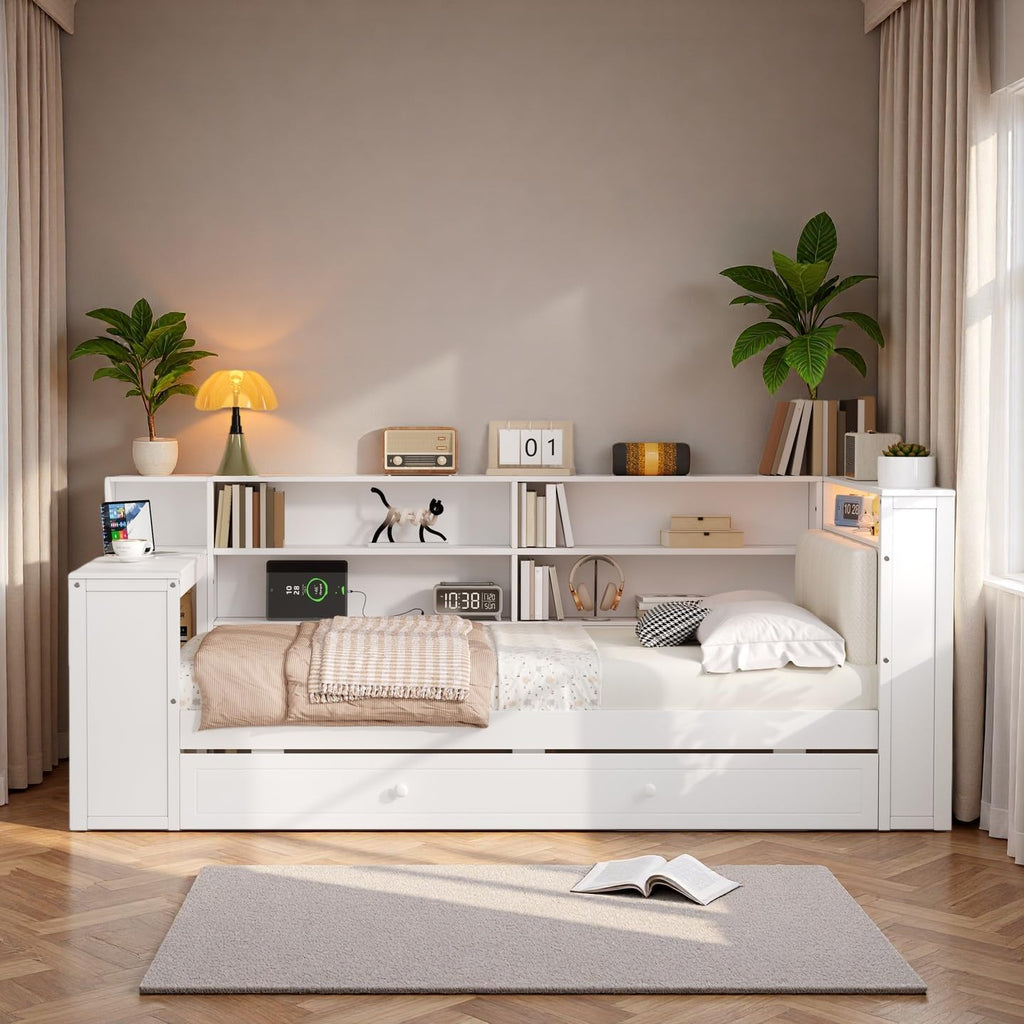 LUMISOL Twin Size Daybed Bed with Trundle, Storage Shelves, Desk & Charging Station, L-Shaped Corner Bed Frame with Upholstered Headboard for Living Room, Guest Room, White